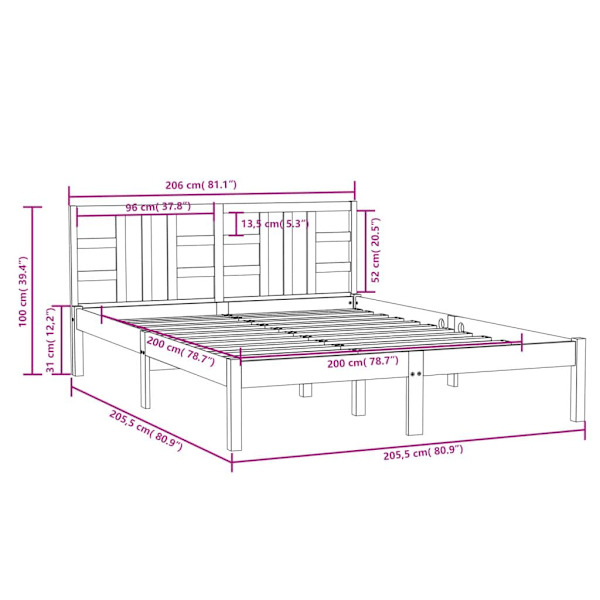 vidaXL Sängram grå massivt trä 200x200 cm Grå