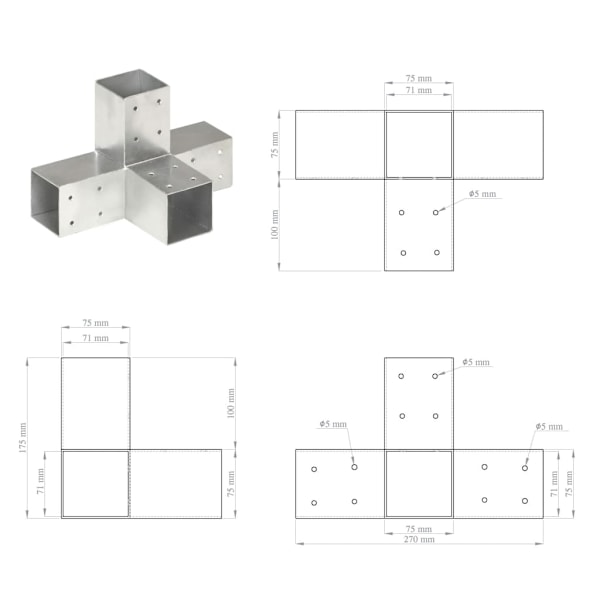 vidaXL Stolpbeslag X-form galvaniserad metall 71x71 mm Silver