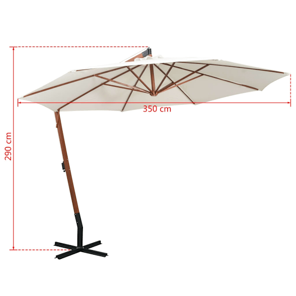 vidaXL Hängande parasoll 350 cm trästång vit Vit