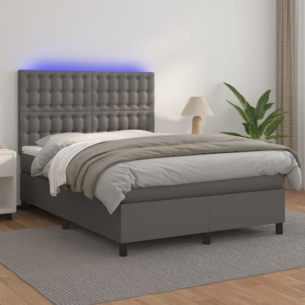 vidaXL Ramsäng med madrass & LED grå 140x200 cm konstläder Grå