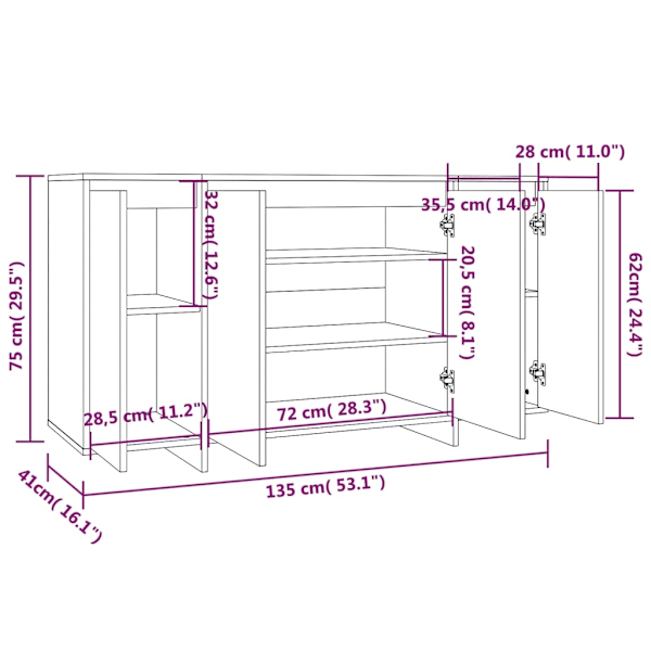 vidaXL Skänk sonoma-ek 135x41x75 cm konstruerat trä Beige