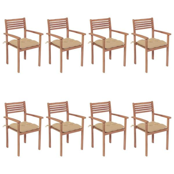 vidaXL Stapelbara trädgårdsstolar med dynor 8 st massiv teak Beige