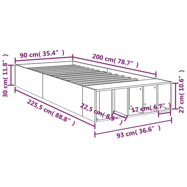 vidaXL Sängram betonggrå 90x200 cm konstruerad trä Grå