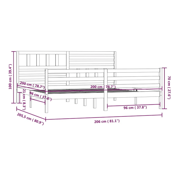 vidaXL Sängram grå massivt trä 200x200 cm grå