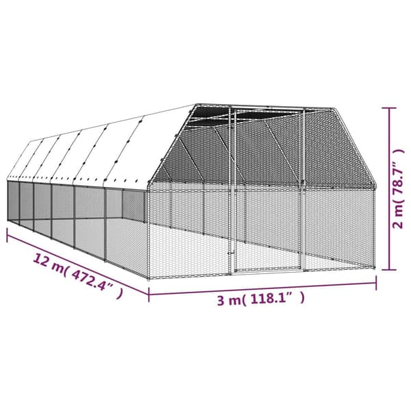 vidaXL Hönsbur för utomhusbruk 3x12x2 m galvaniserat stål Silver