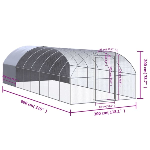 vidaXL Hönsbur för utomhusbruk 3x8x2 m galvaniserat stål Silver