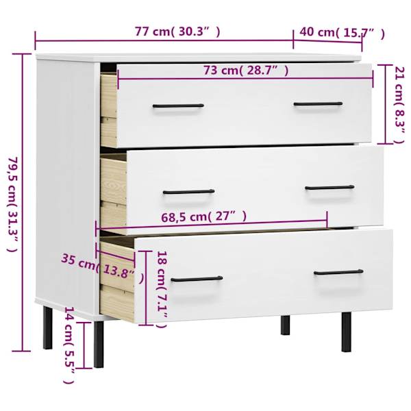 vidaXL Byrå med 3 lådor vit OSLO 77x40x79,5 cm massivt trä Vit