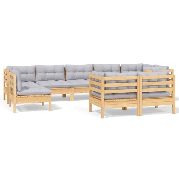 vidaXL Loungegrupp med grå dynor 9 delar massiv furu grå