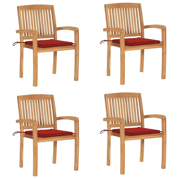 vidaXL Stapelbara trädgårdsstolar med dynor 4 st massiv teak Röd