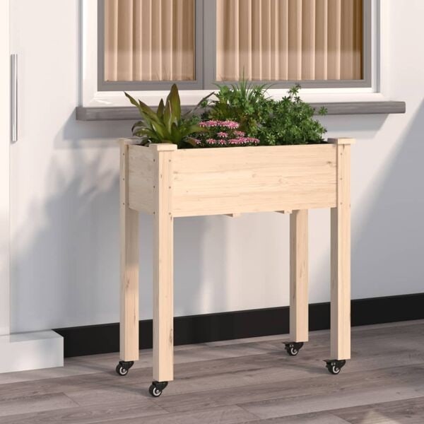 vidaXL Odlingslåda på hjul med foder 71x37x80 cm massivt granträ Brun