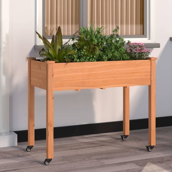 vidaXL Odlingslåda på hjul med foder brun 118x59x80 cm massivt granträ Brun