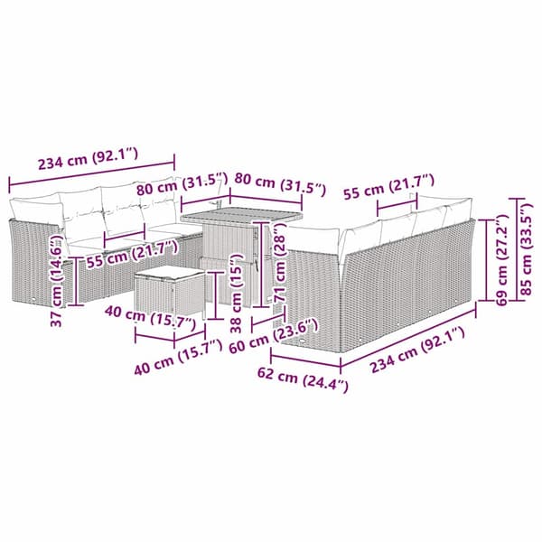 vidaXL Trädgårdsoffset 11 pcs Beige konstrotting Beige