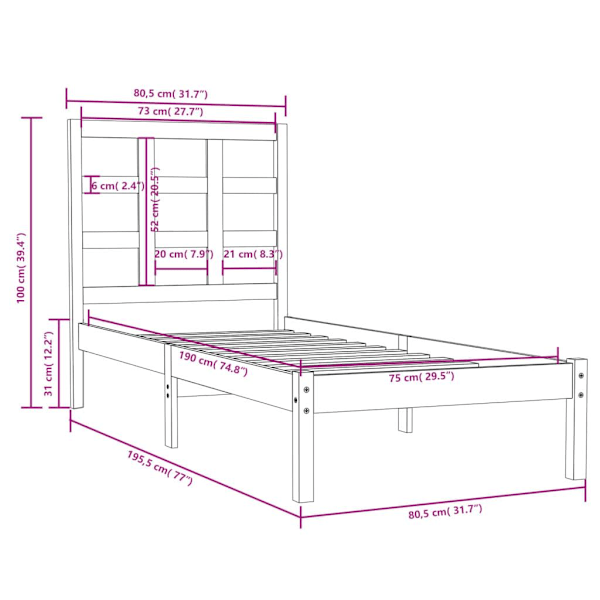 vidaXL Sängram svart massiv furu 75x190 cm Svart