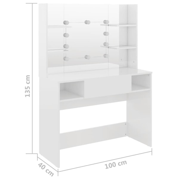vidaXL Sminkbord med LED-belysning 100x40x135 cm MDF vit Vit