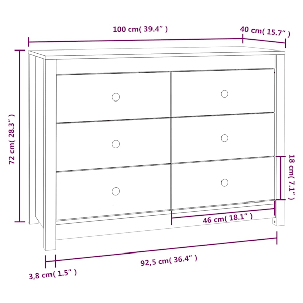 vidaXL Sidoskåp vit 100x40x72 cm massiv furu Vit