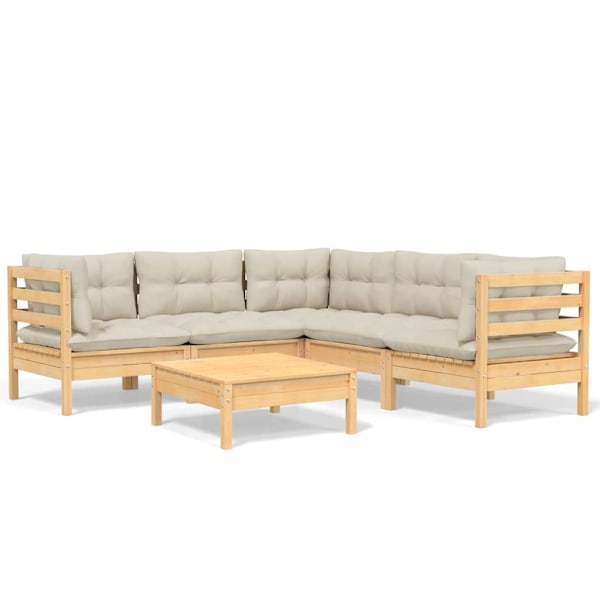 vidaXL Loungegrupp med gräddvita dynor 6 delar massiv furu Creme