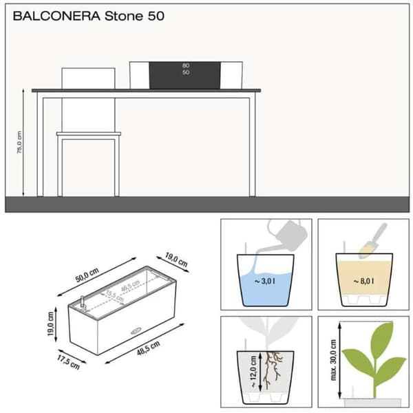 LECHUZA Odlingsenhet BALCONERA Stone 50 ALL-IN-ONE grå grå
