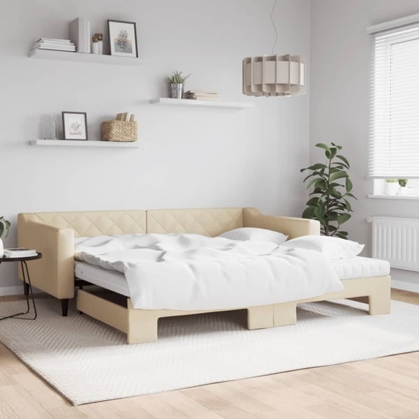 vidaXL Dagbädd med extrabädd och madrasser gräddvit 100x200 cm tyg Kräm