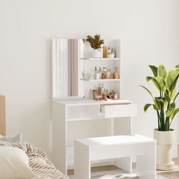 vidaXL Sminkbord med spegel vit högglans 74,5x40x141 cm Vit