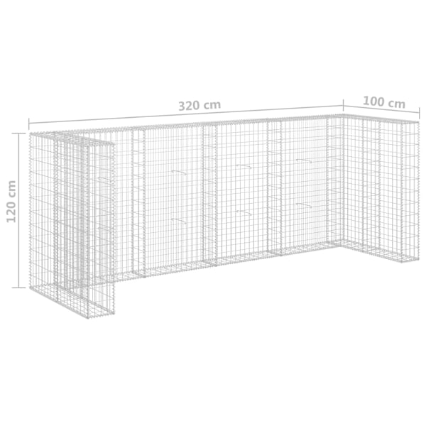 vidaXL Gabionmur för soptunnor galvaniserat stål 320x100x120 cm Silver