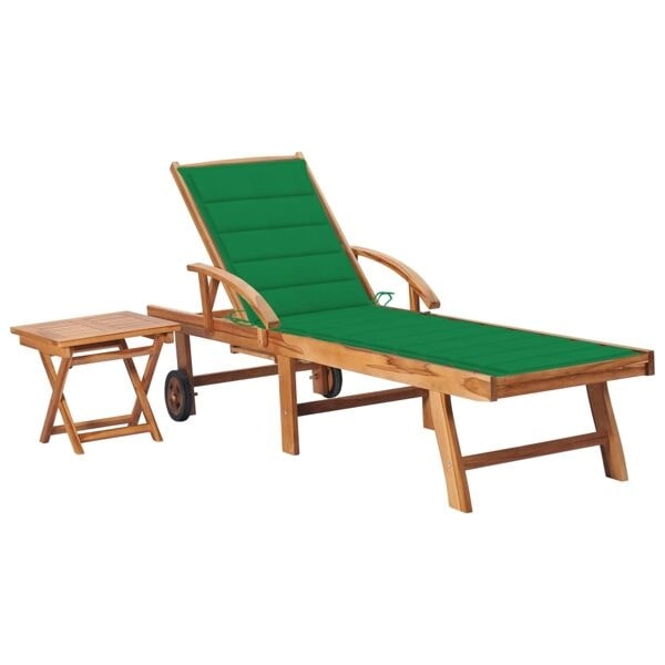 vidaXL Solsäng med bord och dyna massiv teak Grön