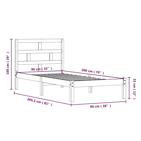 vidaXL Sängram grå massiv furu 90x200 cm Grå