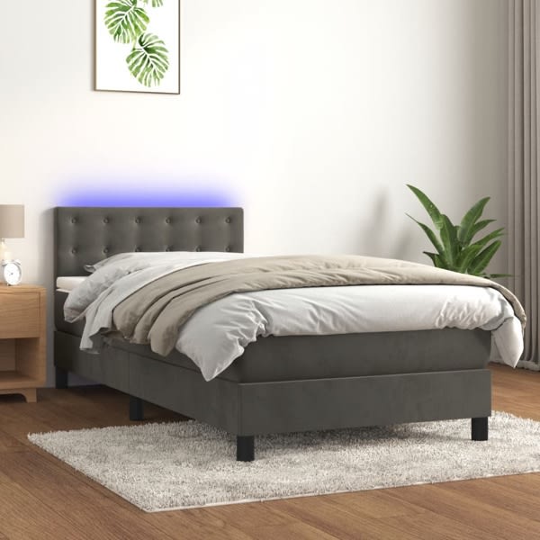 vidaXL Ramsäng med madrass & LED mörkgrå 90x190 cm sammet Grå