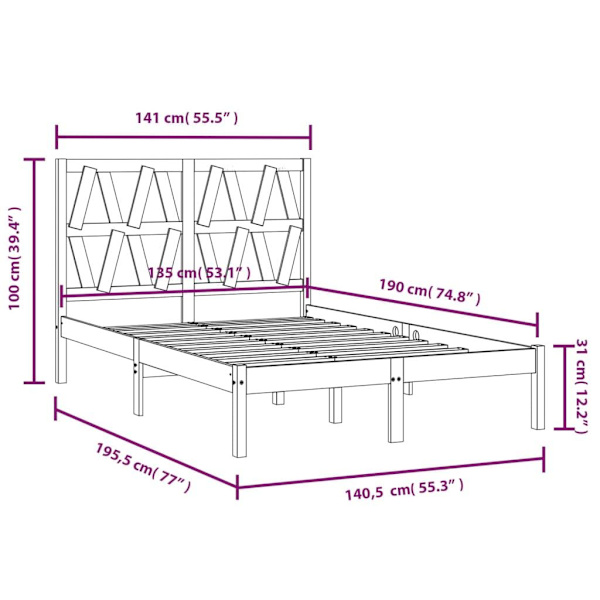 vidaXL Sängram massiv furu 135x190 cm Brun