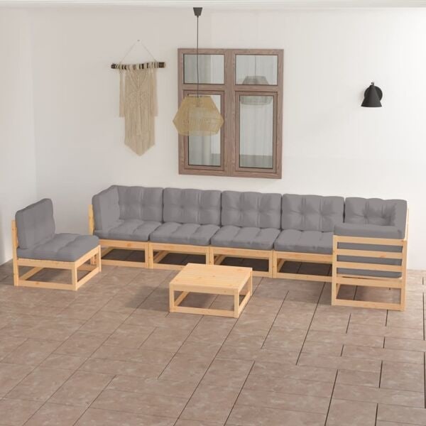 vidaXL Loungegrupp för trädgården med dynor 8 delar massiv furu grå