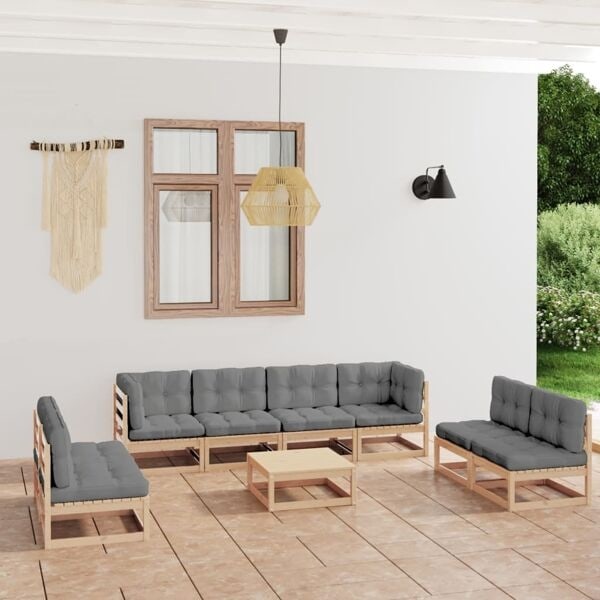 vidaXL Loungegrupp med dynor 9 delar massiv furu grå