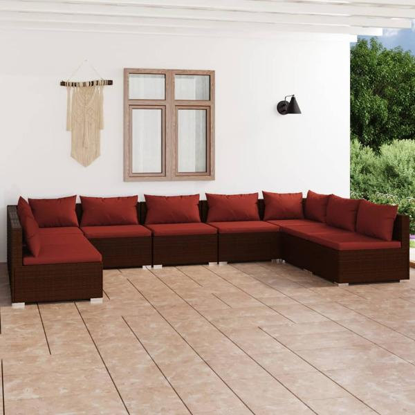 vidaXL Loungegrupp för trädgården med dynor 9 delar konstrotting Brun