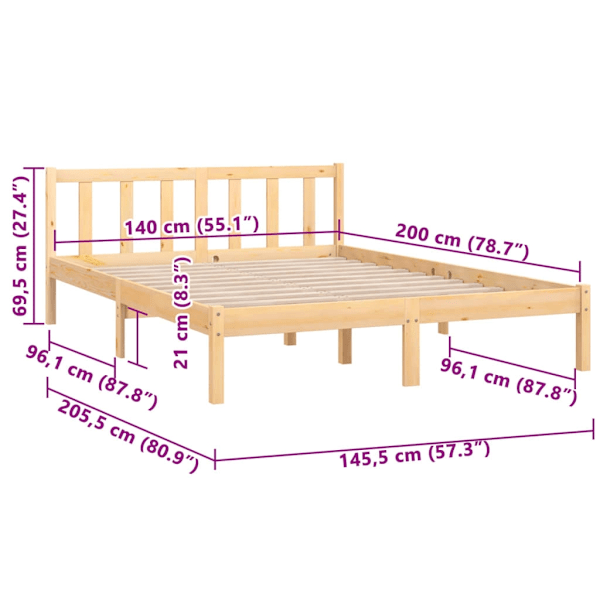 vidaXL Sängram massiv furu 140x200 cm Brun