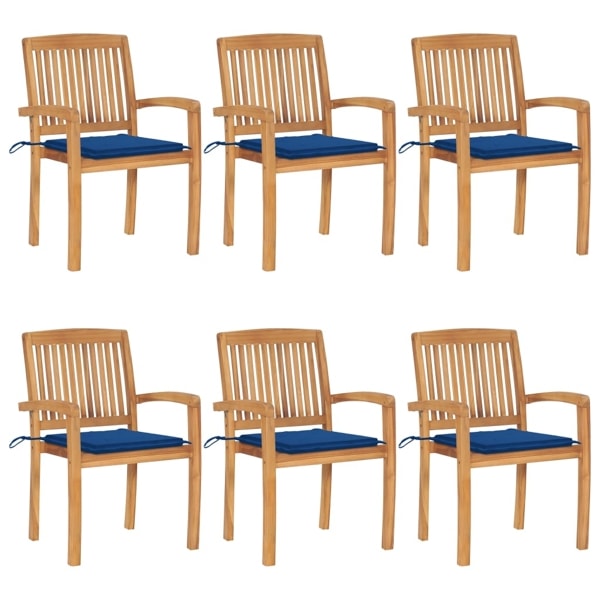 vidaXL Stapelbara trädgårdsstolar med dynor 6 st massiv teak Blå