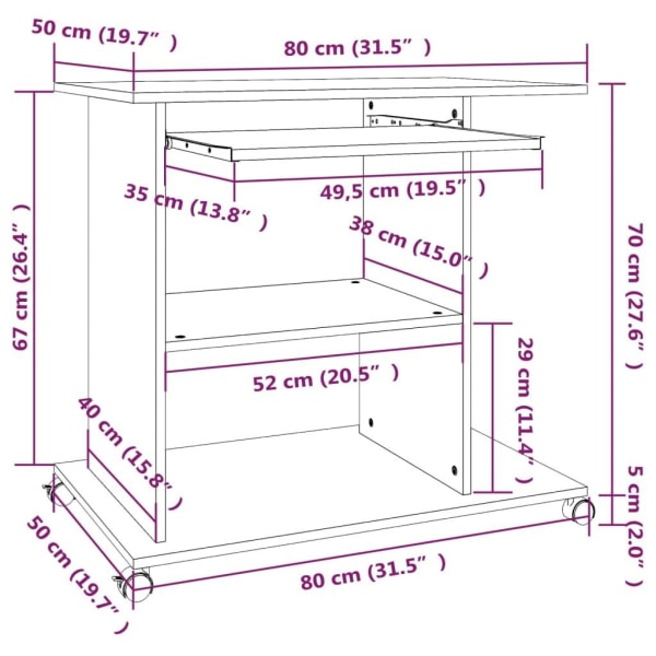 vidaXL Datorbord rökfärgad ek 80x50x75 cm konstruerat trä Brun