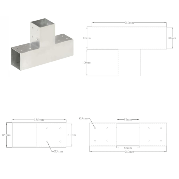 vidaXL Stolpbeslag 4 st T-form galvaniserad metall 81x81 mm Silver