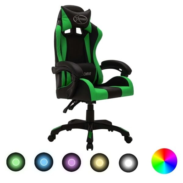 vidaXL Gamingstol med RGB LED-lampor grön och svart konstläder multifärg