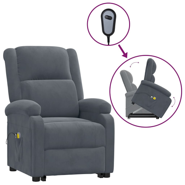 vidaXL Massagefåtölj med uppresningshjälp mörkgrå sammet Grå