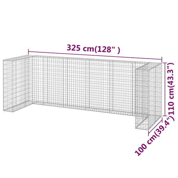 vidaXL Gabionmur för soptunnor galvaniserat stål 325x100x110 cm Silver