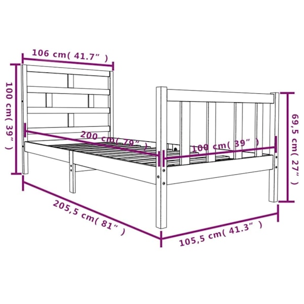 vidaXL Sängram svart massiv furu 100x200 cm enkelsäng Svart