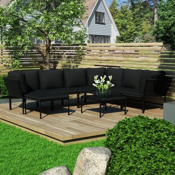vidaXL Loungeset för trädgården med dynor 8 delar svart PVC Svart