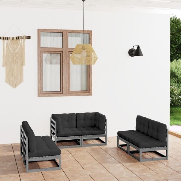 vidaXL Loungegrupp med dynor 6 delar massiv furu grå