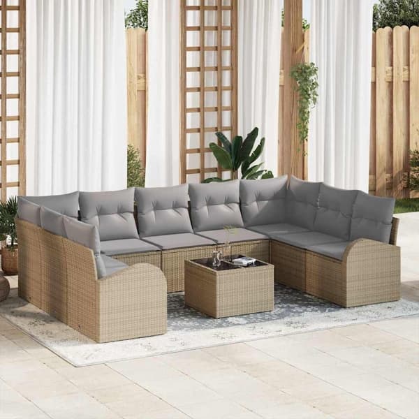 vidaXL Soffset med kudde 10 pcs Beige Poly Rattan Beige