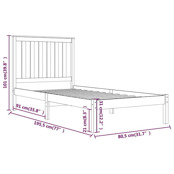 vidaXL Sängram massivt trä 75x190 cm Brun
