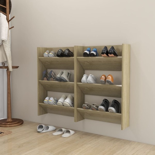 vidaXL Väggmonterat skoställ 2 st sonoma-ek 60x18x90cm konstruerat trä Brun