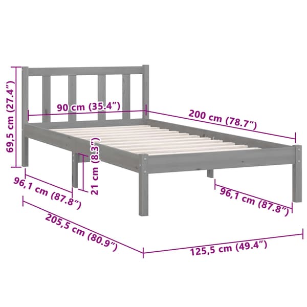 vidaXL Sängram grå massiv furu 90x200 cm grå