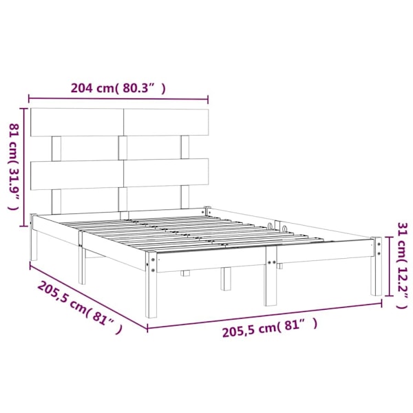 vidaXL Sängram grå massivt trä 200x200 cm Grå