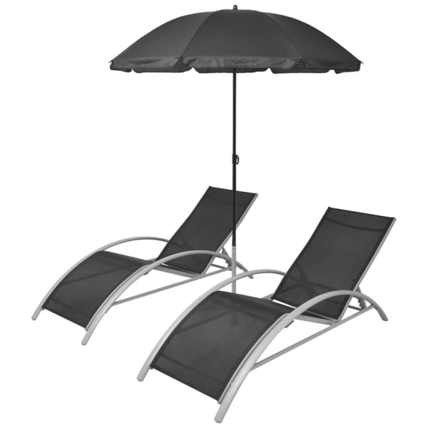 vidaXL Solsängar med parasoll aluminium svart Svart
