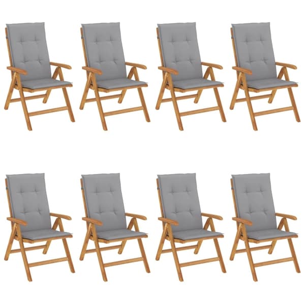 vidaXL Fällbara fåtöljer med dynor, 8 st, massivt trä, teak Brun