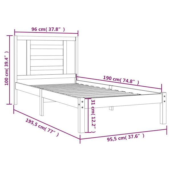 vidaXL Sängram massiv furu 90x190 cm Brun