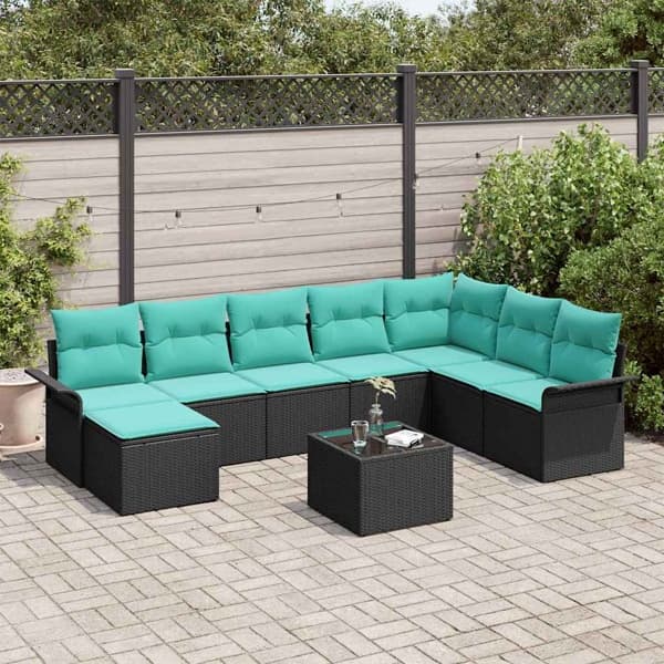 vidaXL Trädgårdsoffset 9 st Svart Poly rattan Svart